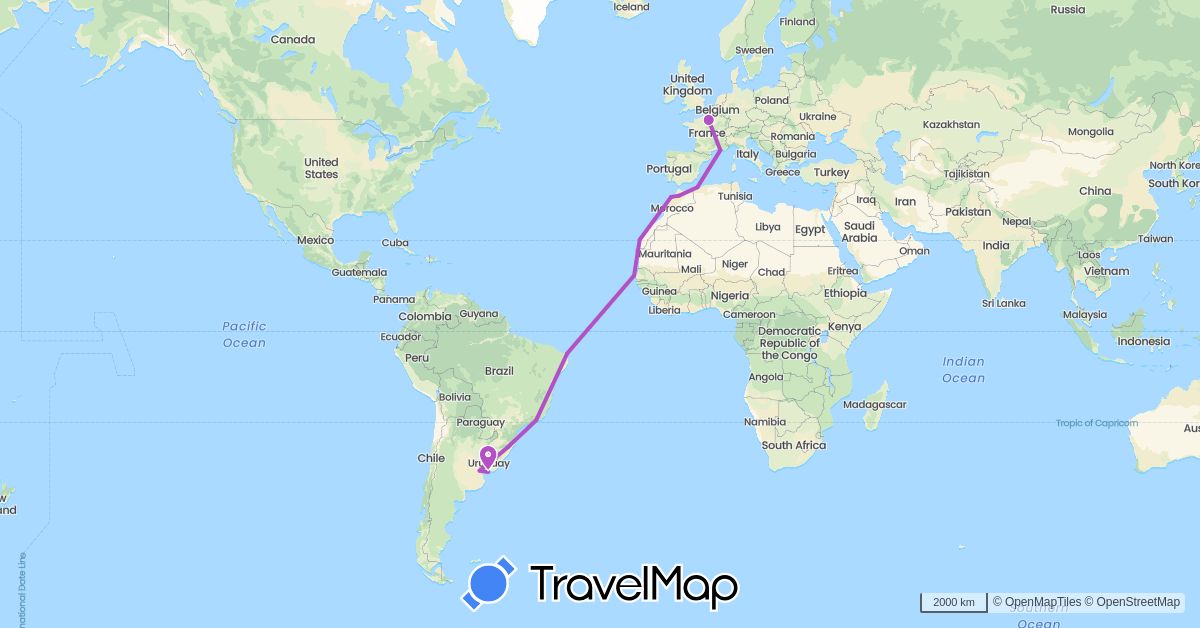 TravelMap itinerary: train in Argentina, Brazil, Algeria, France, Morocco, Senegal, Uruguay (Africa, Europe, South America)