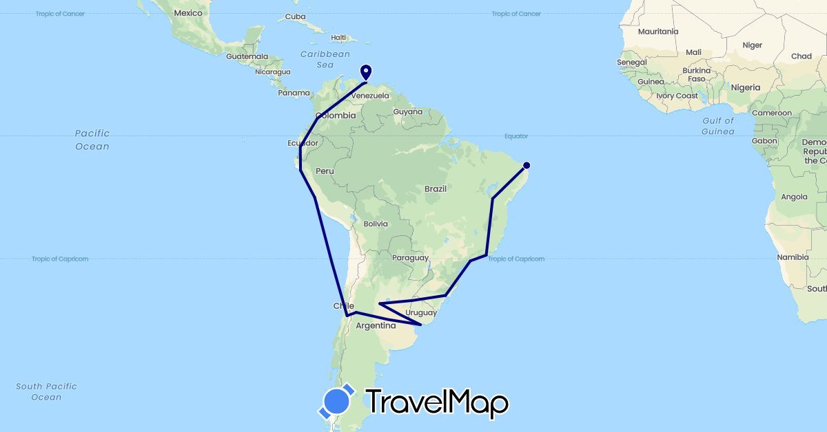 TravelMap itinerary: driving in Argentina, Brazil, Chile, Colombia, Ecuador, Peru, Uruguay, Venezuela (South America)